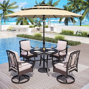 Captiva Designs 6pc Patio Slat-top Steel Table & Swivel Chairs with Thick Cushions & Beige 10ft Umbrella - 1 of 4