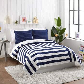 3pc King Block Stripe Quilt & Sham Set Blue - Ampersand for Makers Collective