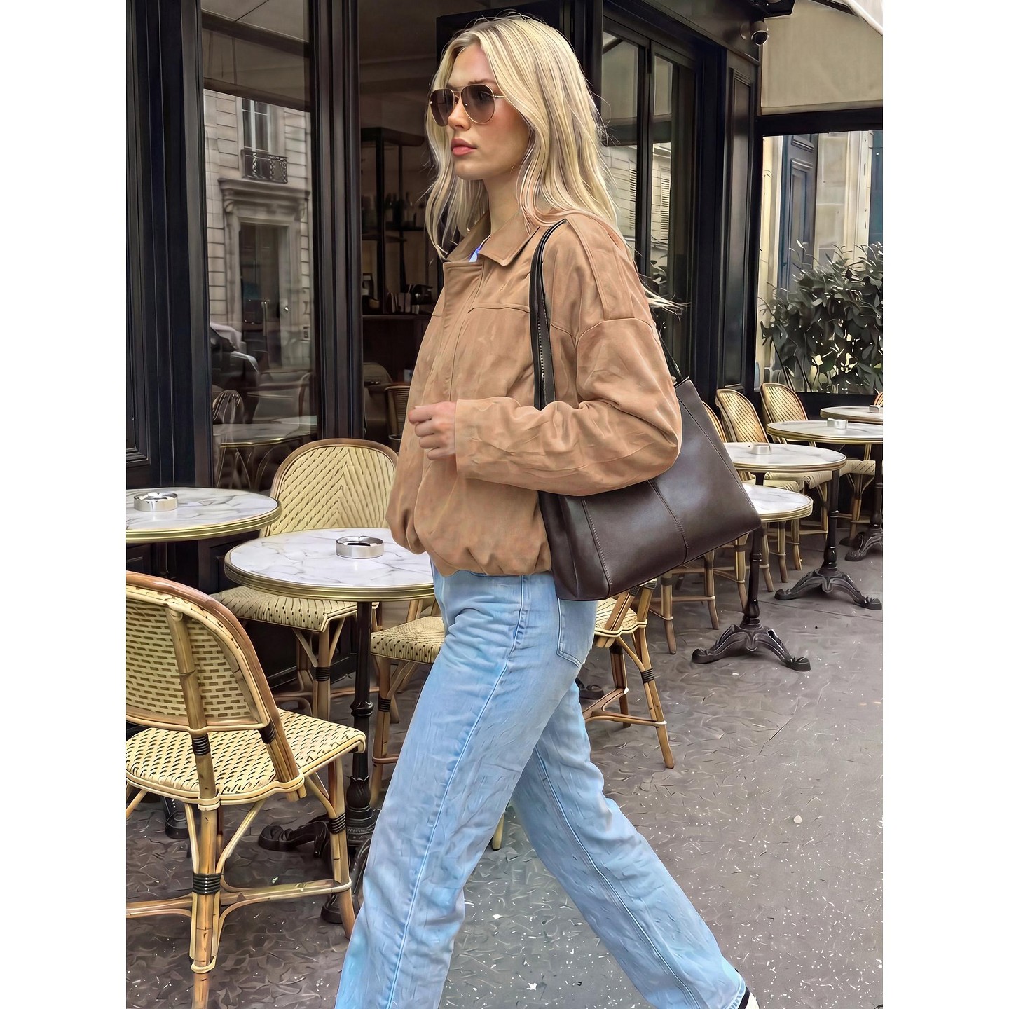 Женская куртка INSPIRE CHIC Cropped Faux Suede Lapel Batwing Sleeve Zip Up Bomber Outerwear Jacket M Khaki, цвет: Хаки — фото 4