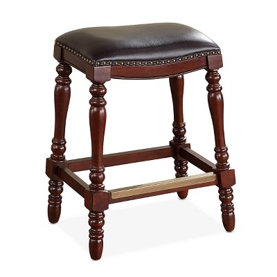 Comfort Pointe Chester Counter Height Barstool Brown: Leather Gel Saddle Seat, Turned Legs, Bronze Kick Plate