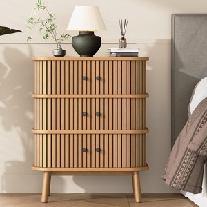 3 Drawer Dresser, Chest of Drawers for Bedroom, Spacious Storage Wicker Dresser with Matte Black Handles and Wood Legs for Closet, Hallway, Nature - 1 of 4