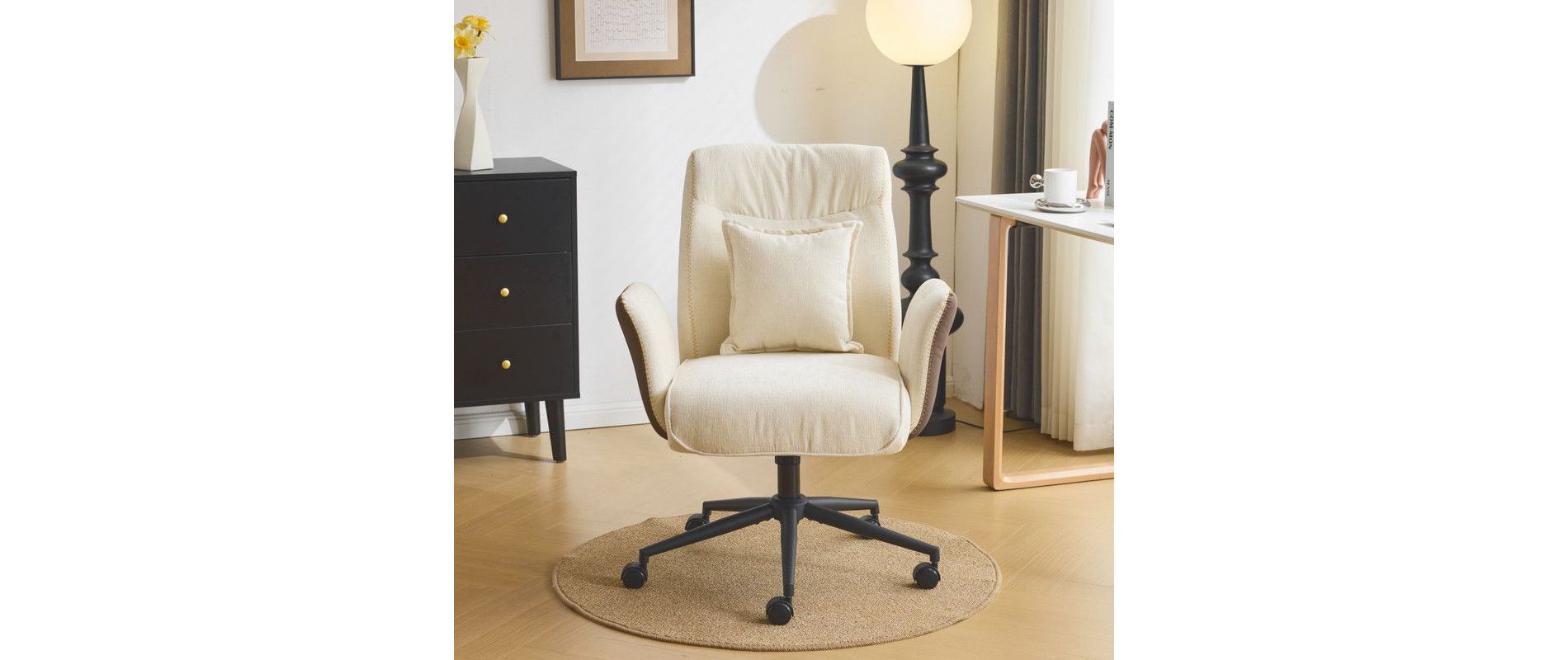 Karl Home | 28.3 inch BeigeChenille Dovetail Swivel Office Chair With Wheels