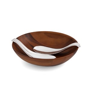 Nambé Yin Yang Salad Bowl with Servers – 15" x 12.5” x 4” Acacia Wood & Alloy Serving Set for Salads, Fruits & Appetizers, Dining & Entertaining - 1 of 4