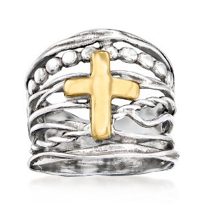 Ross-Simons Sterling Silver and 14kt Yellow Gold Multi-Row Cross Ring - 1 of 4