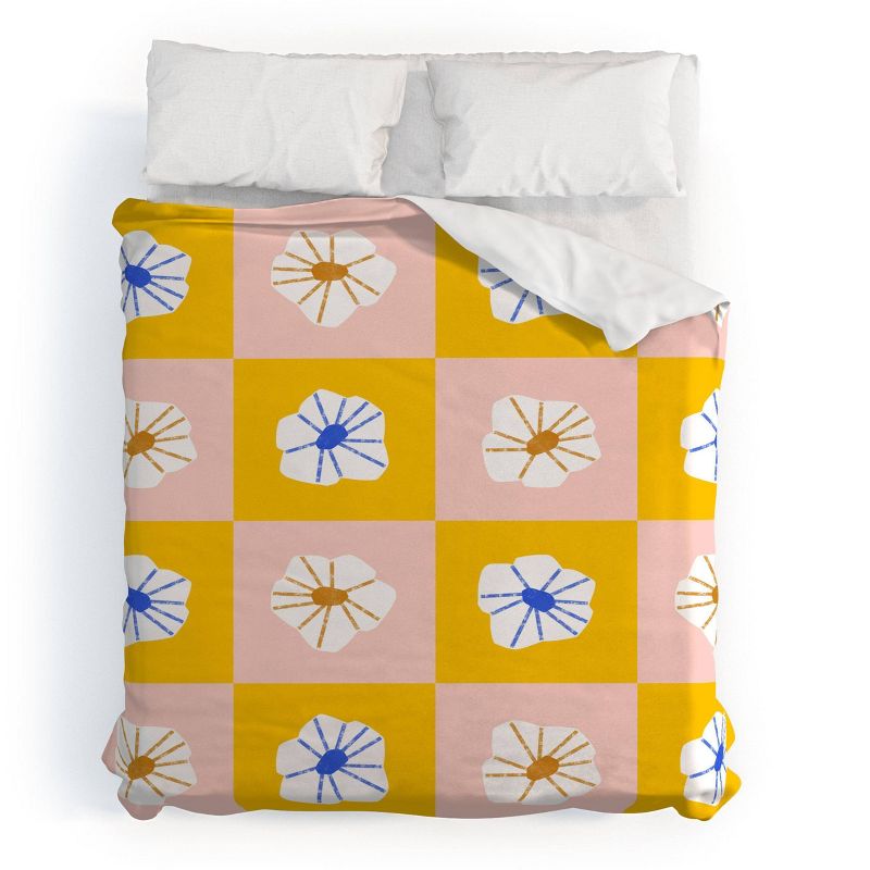 Deny Designs Maritza Lisa White Checkered Flowers Duvet Set Yellow, 1 of 4