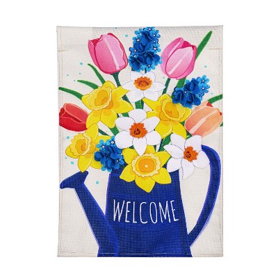 Spring Flower Watering  Can House Burlap Flag
