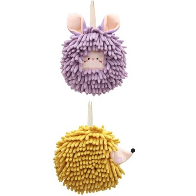 REGALWOVEN Chenille Fuzzy Ball Cute Cartoon Decorative Hand Drying Hanging Hand Towel for Bathroom 7" x 7" 2 Pcs