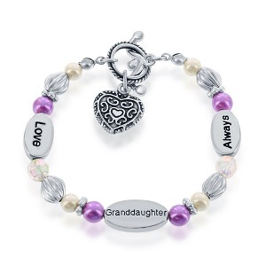 Bella Silver  Silvertone 6.5" Love, Granddaughter, Always' w/ Purple & White Pearl Beads Bracelet - Purple - 6.5 Inch - 1 of 3