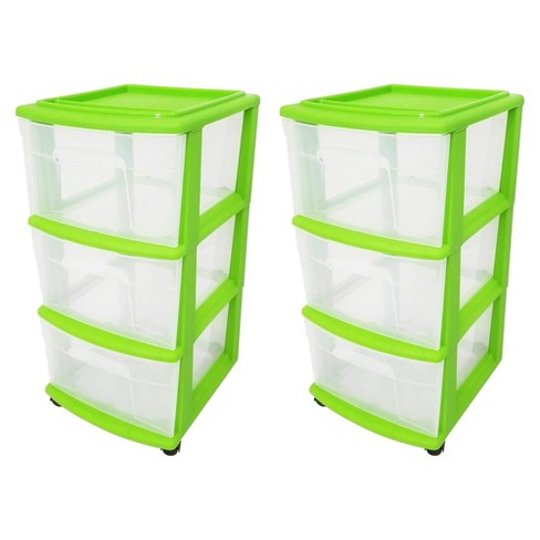 Homz Clear Plastic 3-drawer Medium Home Organization Storage Container  Tower W/3 Large Drawers And Removeable Caster Wheels, Lime Green Frame (2  Pack) : Target