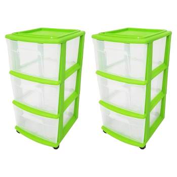 Homz Clear Plastic 3-Drawer Medium Home Organization Storage Container Tower w/3 Large Drawers and Removeable Caster Wheels, Lime Green Frame (2 Pack)