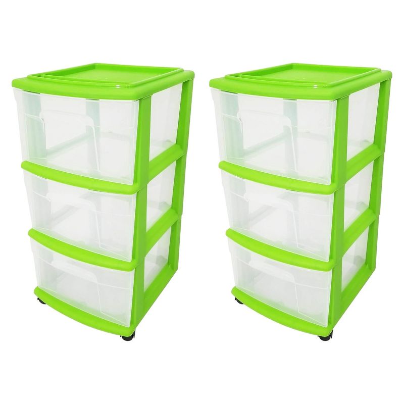 Homz Clear Plastic 3-Drawer Medium Home Organization Storage Container Tower w/3 Large Drawers and Removeable Caster Wheels, Lime Green Frame (2 Pack), 1 of 7