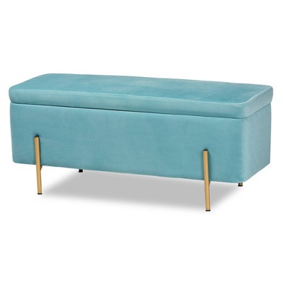Sky Blue Velvet and Gold Metal Storage Bench