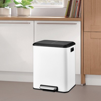 Dual Bin Rectangular Trash Can, Stainless Steel Waste Bin with Lid, 30 Liters(2 X 15 L), Trash Can with Recycling Bin Combination, Soft Close White