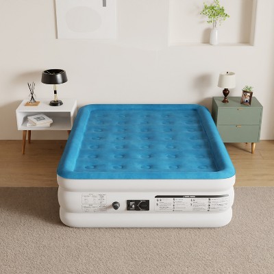 Queen Raised White and Blue PVC Air Mattress with Built-In Pump