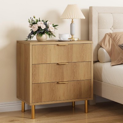 Homhougo 3 Drawer Dresser for Bedroom, 30” Tall Dresser Organizer with Metal Legs, Modern Wood Chest of Drawers for Bedroom, Home Office, Wood