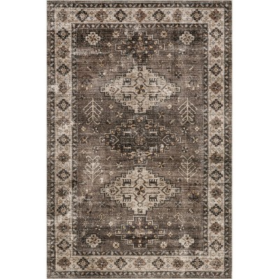 Dark Brown Geometric Synthetic Washable Accent Rug, 3' x 5'