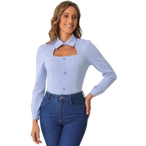 Allegra K Women's Choker Neck Houndstooth Print Long Sleeve Gothic Cutout Top - 1 of 4
