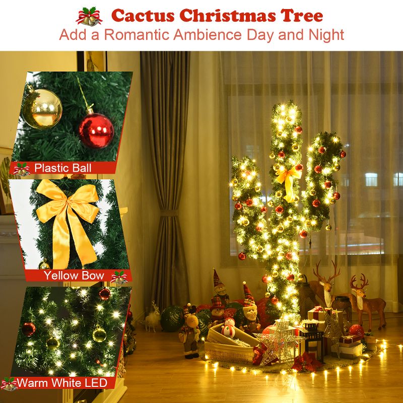 Costway 6Ft Pre-Lit Cactus Christmas Tree LED Lights Ball Ornaments, 5 of 10
