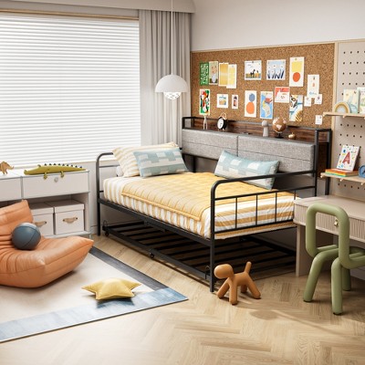 APRILSOUL Daybed with Trundle, Sturdy Metal Twin Bed Frame with Upholstered Headboard for Living Room
