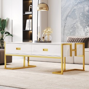 Modern White Coffee Table with Drawers, Rectangle Center Table with Gold Base for Living Room - 1 of 4