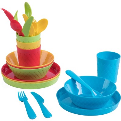 Basicwise 24-Piece Kids Dinnerware Set Plastic 4 Plates, 4 Bowls, 4 Cups, 4 Forks, 4 Knives, and 4 Spoons