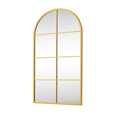 Brown Wall Mirror with Hand-Carved Solid Wood Frame, Rattan Weave, and Slight Arch at the Top