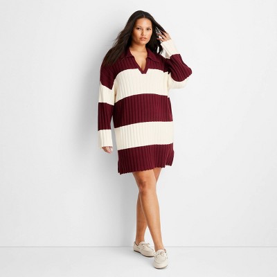 Women's Long Sleeve Rugby Mini Sweater Dress - Future Collective Burgundy Striped 3X