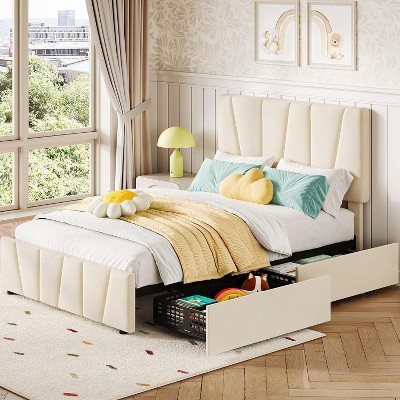 Upholstered Platform Bed Frame with Adjustable Headboard, 2 Built-In Storage Drawers & Wooden Slat Support, No Box Spring Required