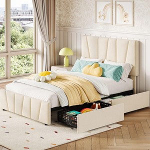 Upholstered Platform Bed Frame with Adjustable Headboard, 2 Built-In Storage Drawers & Wooden Slat Support, No Box Spring Required - 1 of 4