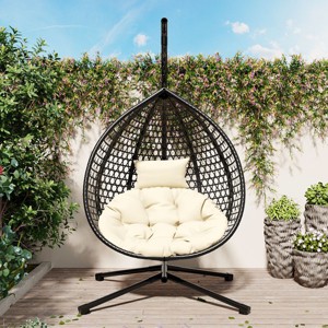 1pc Hanging Egg Chair, Weather-Resistant PE Rattan & Iron Frame, Indoor Outdoor Lounge with Adjustable Headrest - Coolbibila - 1 of 4