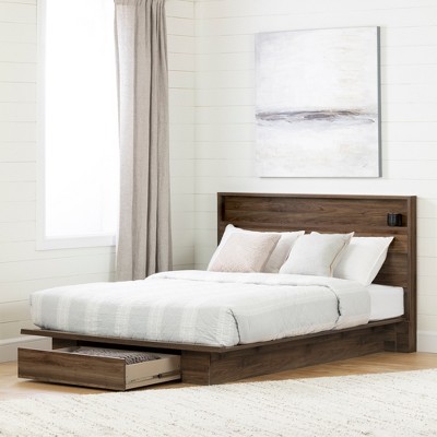 Natural Walnut Queen Platform Bed with Storage Drawer