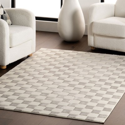 Cream and Gray Checkered Machine Washable Synthetic Area Rug, 3' x 5'