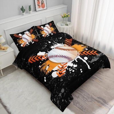 Baseball Comforter Set Twin Size – 3-Piece Black & Orange Sports Bedding, Softball Quilt Set with Graffiti Artwork for Boys, Teens, Men & Women