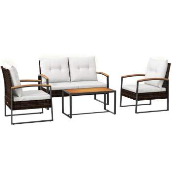 Outsunny 4 Piece Patio Furniture Set with Cushions, Sofa, Chair, Wood Coffee Table, White
