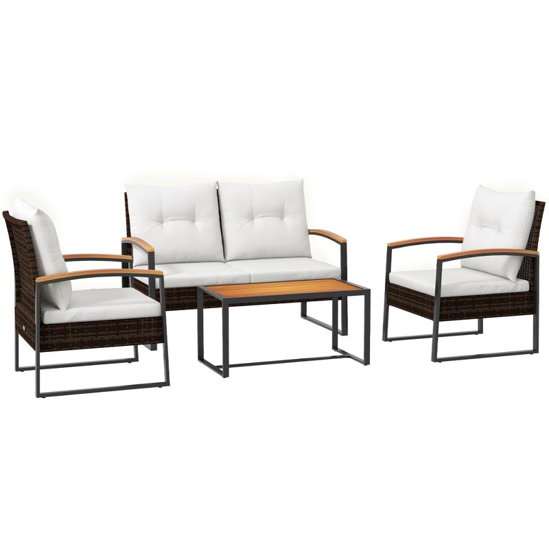 Outsunny 4 Piece Patio Furniture Set with Cushions, Sofa, Chair, Wood Coffee Table, White, 1 of 7