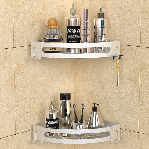 GeekDigg 14 x 9 Triangular Aluminum Drill-Free Corner Shower Caddy with Razor Holder-2-Pack-Silver