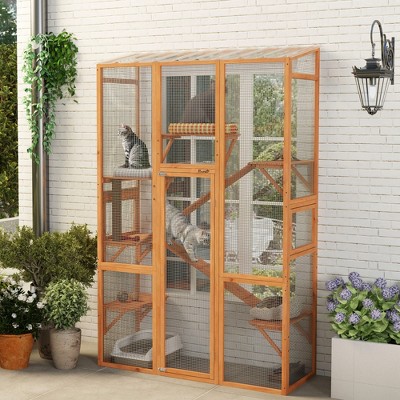 Large Wooden Outdoor Cat Enclosure with Ramps and Platforms