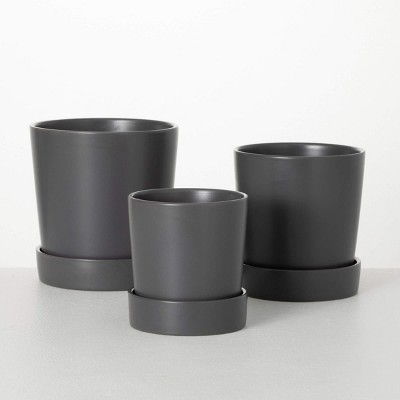 Sullivans 8", 7.25" & 6" Gray Planter With Saucer Set of 3, Ceramic