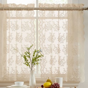 HLC.ME Jolene Floral Rod Pocket Lace Semi Sheer Voile Short Cafe Tiers - Set of 2 - 1 of 4