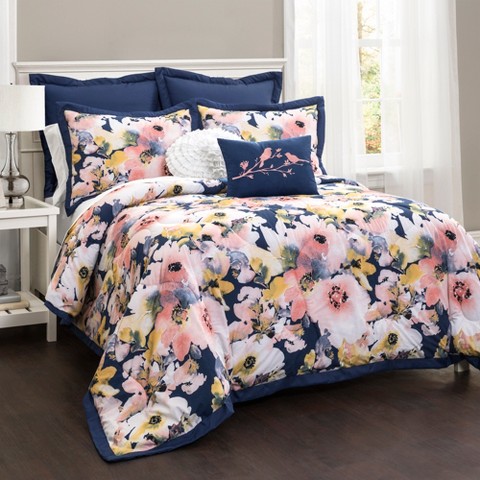Lush Decor Full/Queen 7pc Floral Watercolor Comforter Set Blue - Lush Décor: Reversible Midweight Bedding with Decorative Pillows