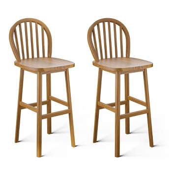 Tangkula Set of 2 Bar Stools Spindle-Back Bar Height Rubber Wood Kitchen Chairs Natural