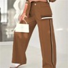 Clotth Women's Solid Color Ribbed Set - Lapel Tops And High Rise Straight Leg Pants, 2 Piece Set, Top set with Pockets - 3 of 4