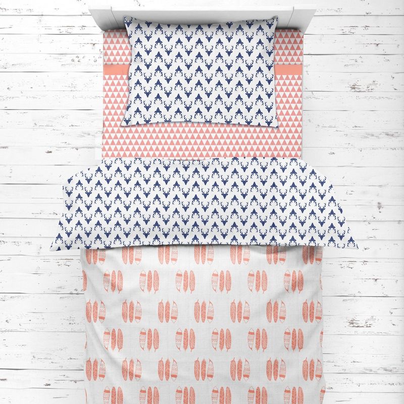 Bacati - Olivia Coral/Navy Buck/Feathers/Triangles Muslin 4 pc Toddler Bedding Set, 4 of 9