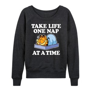 Women's - Garfield - Take Life One Nap Lightweight French Terry Wide Neck Long Sleeve Shirt - 1 of 4