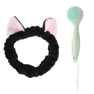 Unique Bargains Women's Cat Ears Headbands Silicone Facial Cleansing Brush Black Green 2Pcs - 1 of 4