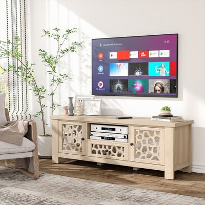 Natural Wood 55" TV Stand with Mirrored Cabinet Doors