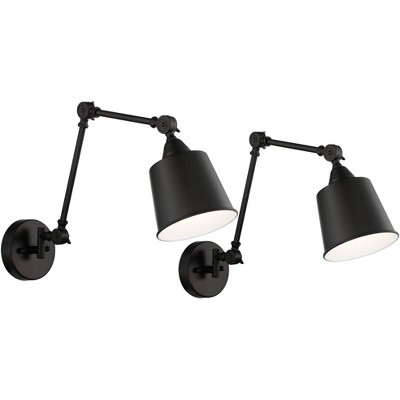 360 Lighting Mendes Industrial Modern Swing Arm Wall Lamps Set of 2 Black Hardwire Light Fixture Adjustable Metal Shade for Bedroom Bedside Reading