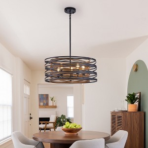 20" Rustic Industrial Pendant Light, 5-Light Black and Walnut Metal Cage Chandelier with Wood Accents for Kitchen Island and Dining Room (No Bulbs) - 1 of 4