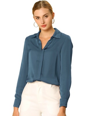 INSPIRE CHIC Women's Elegant V Neck Long Sleeve Office Work Satin Shirt