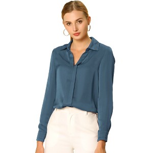 INSPIRE CHIC Women's Elegant V Neck Long Sleeve Office Work Satin Shirt - 1 of 4